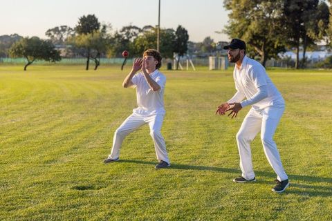 Cricket teammates practicing catching drill on sunlit grass oval during golden hour