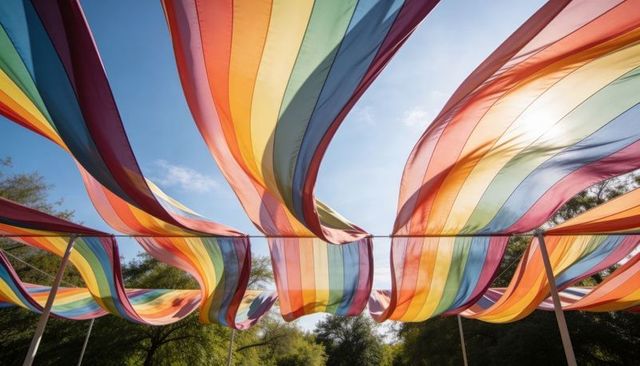 Billowing rainbow fabric canopy creating sunlit layered color waves over park trees
