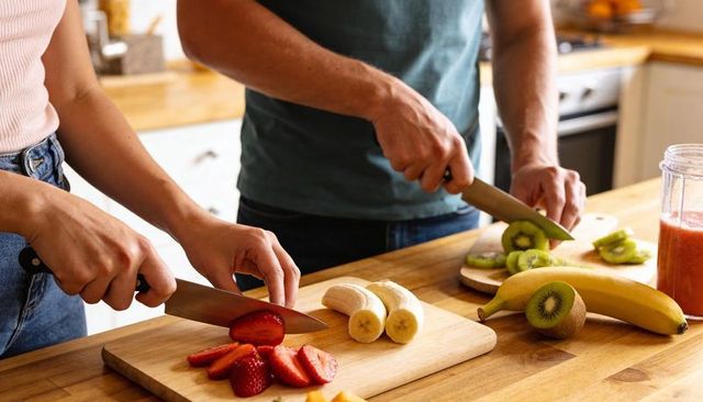 Couple preparing strawberries, bananas and kiwi for fresh smoothie on wooden countertop