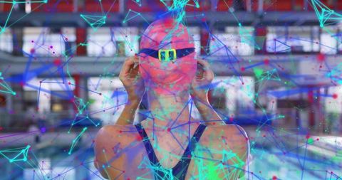 Female swimmer adjusting goggles with futuristic digital network overlay for training