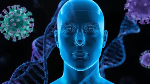 Animating translucent blue human bust with DNA helix and drifting virus particles