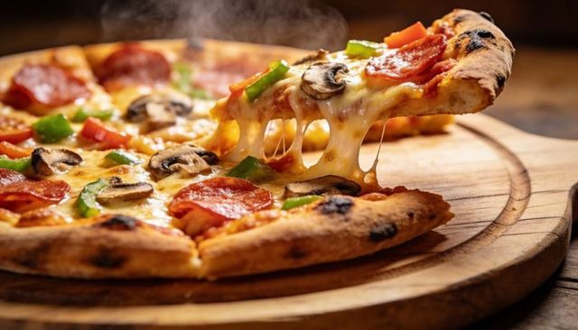 Gooey pepperoni mushroom pizza slice pulling with melted mozzarella on rustic wood board