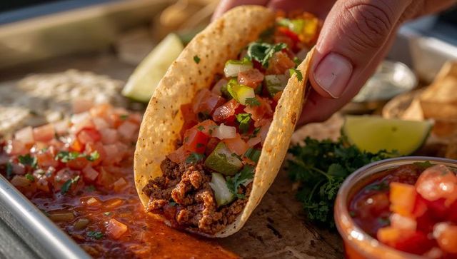 Hand Holding Taco with Meat and Pico de Gallo Above Tray