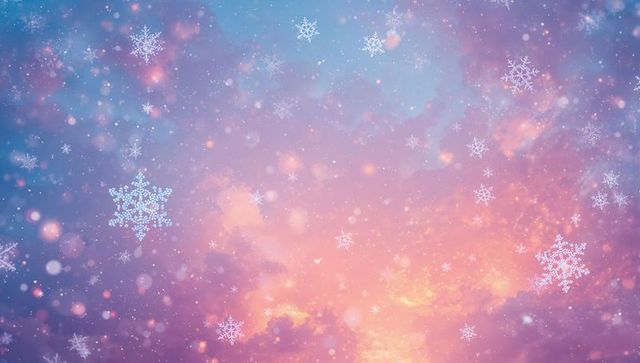 Shimmering pastel sunrise sky with falling snowflakes and bokeh sparkle for winter designs