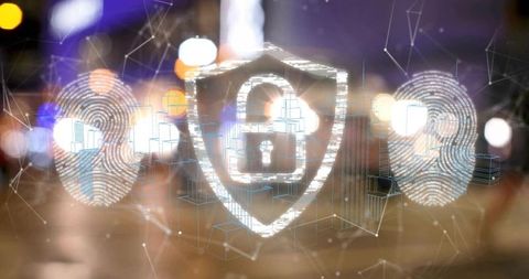 Cybersecurity Concept with Padlock and Fingerprint on Night Cityscape