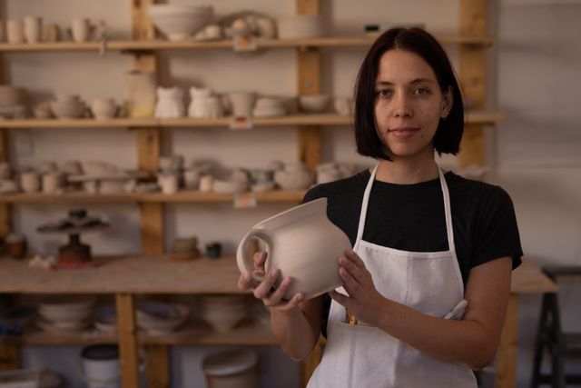Front view of a Caucasian female potter with dark red hair in a bob hairstyle, looking to camera and smiling in a pottery studio, with equipment in the background, wearing white apron, holding a clay jug in hands.