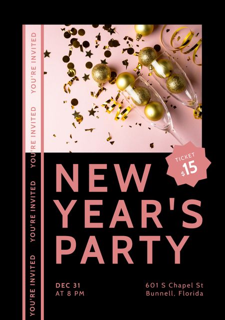 This vibrant and elegant New Year's Eve party invitation features gold decorations such as confetti and champagne glasses on a black background with pink accents. Ideal for inviting guests to a chic and festive celebration. Perfect for social media posts, event flyers, and online invitations. Use this to convey a sophisticated and celebratory atmosphere for December 31 events with details such as time, location, and ticket price.