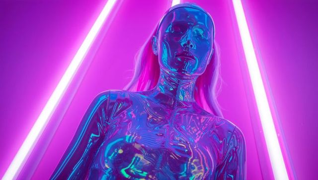 Futuristic Performer in Iridescent Suit with Neon Lights