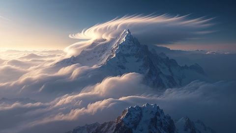 Majestic Mountain Pinnacle Draped by Ethereal Clouds at Dawn