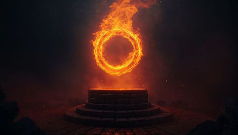 Hovering Flaming Ring Above Stone Altar in Dark Cavern Emitting Sparks and Embers