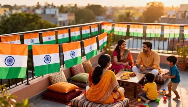 Indian family celebrating festival on rooftop terrace with tricolor flags at sunset