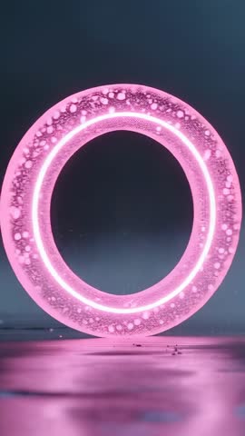Rotating Glowing Pink Torus Ring Floating Over Floor Vertical Video Futuristic Neon Loop