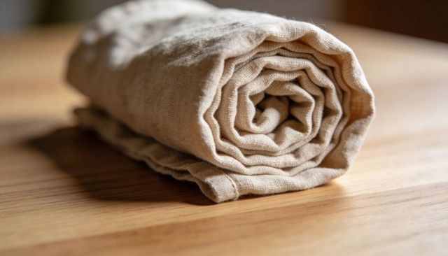 Rolled beige linen cloth showcasing woven texture and woodgrain spiral on wooden table