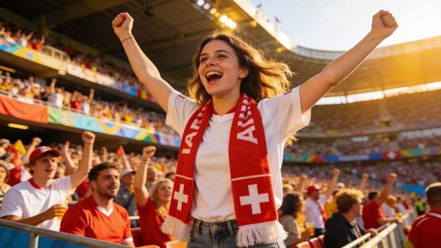 Cheering soccer fan raising arms wearing red-and-white swiss scarf in sunlit stadium during match