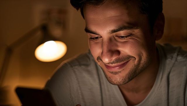 Man smiling while checking smartphone under warm desk lamp glow