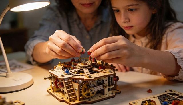 Adult and Child Assembling Wooden Mechanical Gear Kit Together Under Warm Desk Lamp