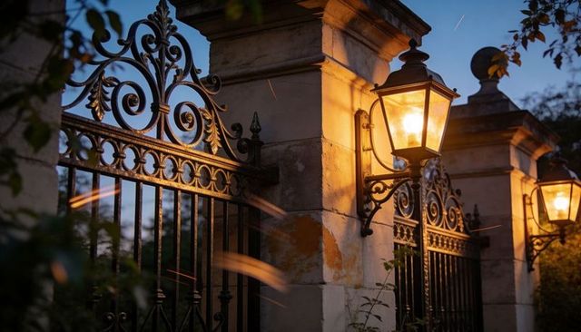 Victorian wrought-iron gate with glowing lanterns at dusk, elegant stone pillar entrance