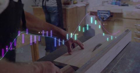 Carpenter Working on Table Saw with Financial Chart Overlay Symbolizing Precision