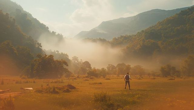 Lone hiker in misty valley at sunset ideal for adventure themes