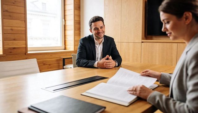 Smiling candidate leaning forward in interview, recruiter reviewing documents in boardroom