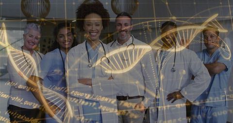 Diverse medical team collaborating in research with dna overlay