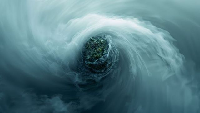 Jagged rock in oceanic vortex with swirling currents