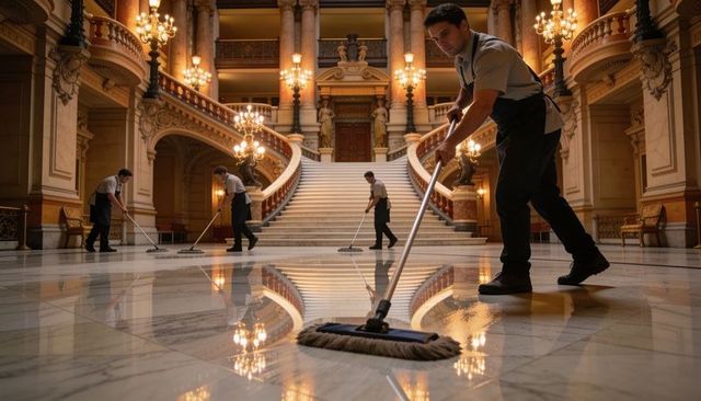 Custodial team mopping marble staircase and reflective floor in ornate historic lobby
