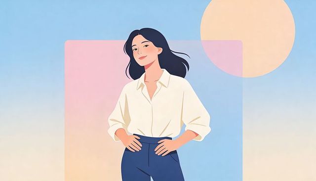 Confident young woman posing in pastel minimalist backdrop with geometric sun panel
