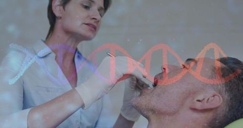 Clinician performing oral swab with dna helix overlay for genetic testing and dental exam