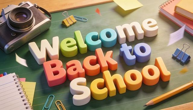 Colorful 3d letters spelling welcome back to school on green chalkboard with retro camera