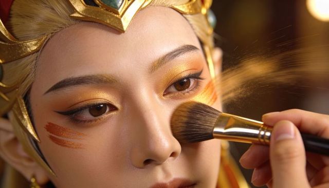 Applying gold warrior makeup with fluffy brush and ornate headpiece, glam beauty closeup