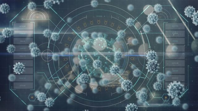 This visual combines a digital depiction of COVID-19 virus cells with data processing elements, creating a futuristic look at the pandemic's intersection with technology and medicine. Useful for illustrating articles and reports on global impact of COVID-19, ongoing medical research, or technological innovations in healthcare during pandemics.