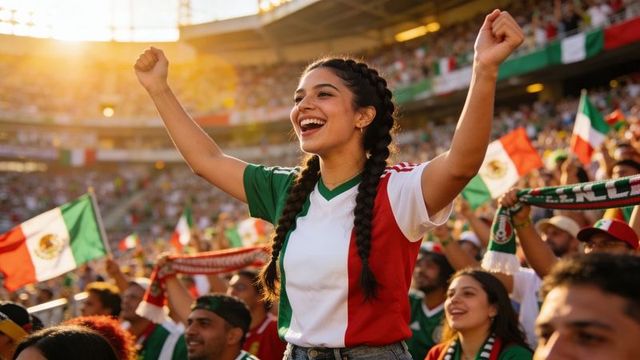 Energetic mexican soccer fan cheering with raised arms in stadium during golden hour