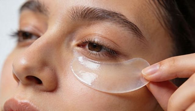 Woman applying gel eye patch under eye on dewy skin closeup for skincare