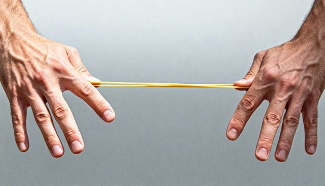 Stretching yellow rubber band between adult male hands showing tension and grip studio gray backdrop