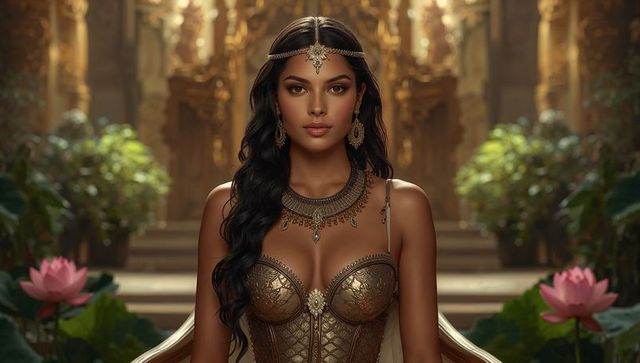 Elegant Woman in Ornate Palace with Jeweled Headdress and Golden Corset