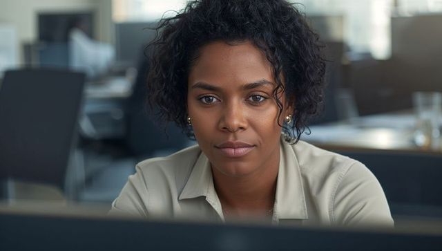 Focused professional woman concentrating at monitor in modern open-plan office workspace