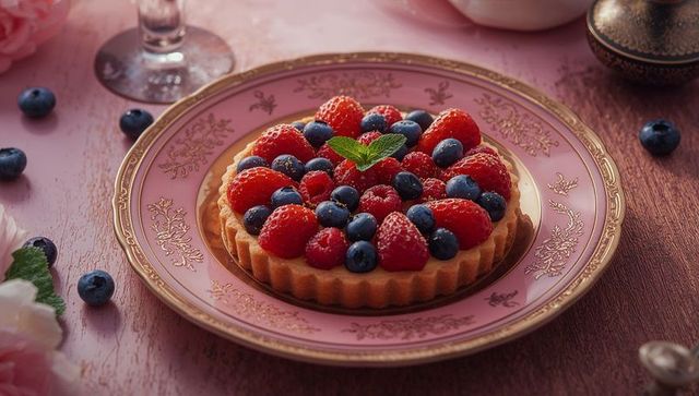 Elegantly Presented Berry Tart with Fresh Raspberries and Blueberries