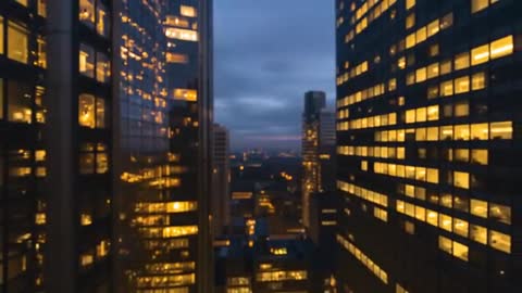 Twilight in Urban Canyon with Skyscraper Office Lights