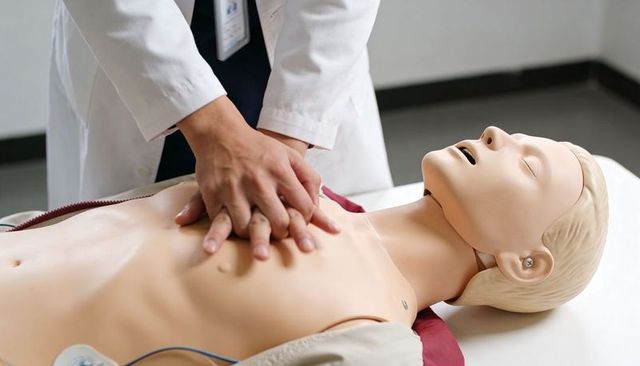 Clinician performing cpr on adult training mannequin with aed pad in clinical skills lab