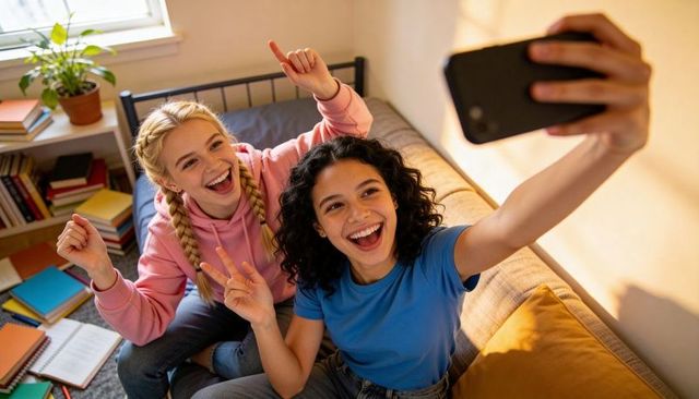 Friends taking selfie on sunlit bedroom couch, laughing and making peace sign