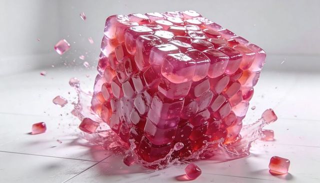 Translucent pink gel cube splashing glossy jelly cubelets on white tiled surface