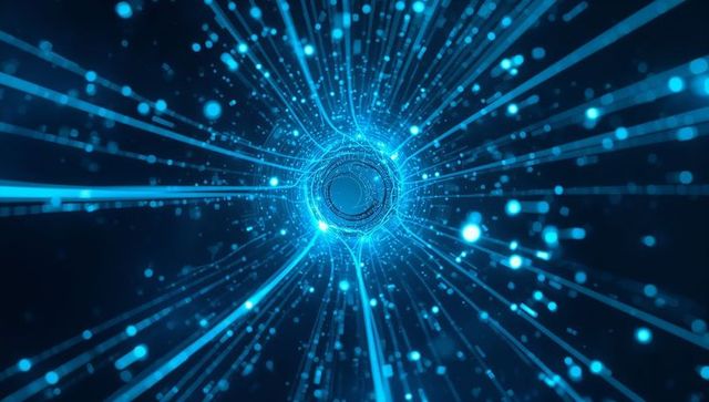 Neon data vortex radiating blue digital tunnel streaming light filaments and particles