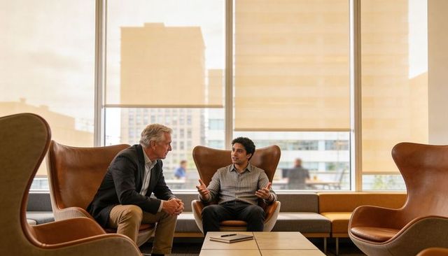 Senior executive mentoring young colleague and discussing strategy in modern office lounge
