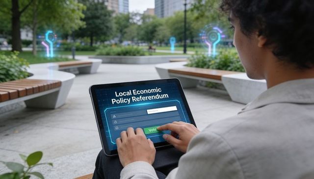 Hispanic Man Voting on Tablet for Local Economic Referendum with Holographic UI in Urban Park