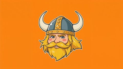 Stylized viking warrior head with horned helmet on orange background
