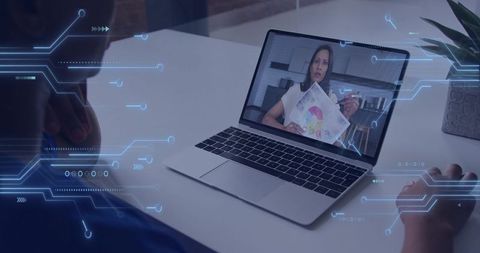 Online Instructor Presenting Data Visuals on Laptop with Digital Circuit Overlay