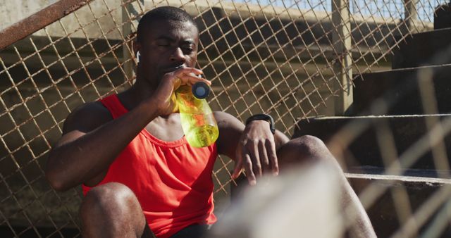 Athletic Man Hydrating After Stair Workout in Urban Setting - Download Free Stock Images Pikwizard.com