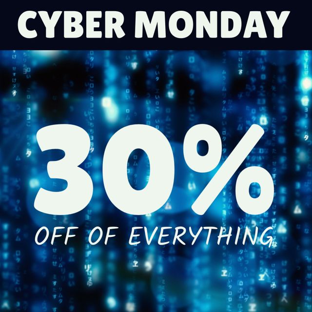 Promoting Cyber Monday deals, the image features a digital matrix background symbolizing technology and savings. Ideal for advertising online sales, it can also be repurposed for tech event promotions or digital service discounts.