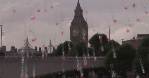 Elizabeth tower with digital binary code overlay, london skyline technology